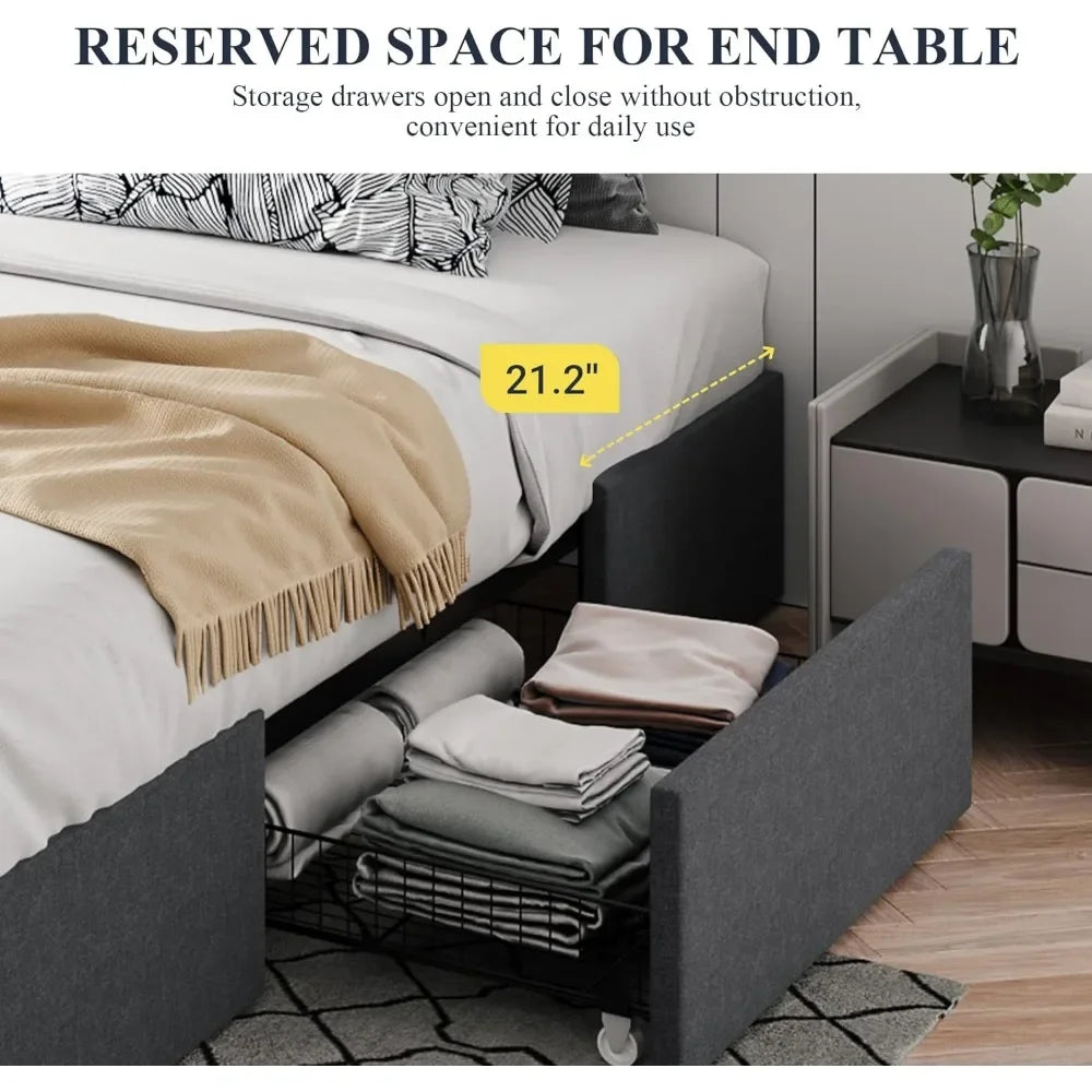 Full-Size Platform Bed Frame, 3 Storage Drawers, Fabric Upholstered