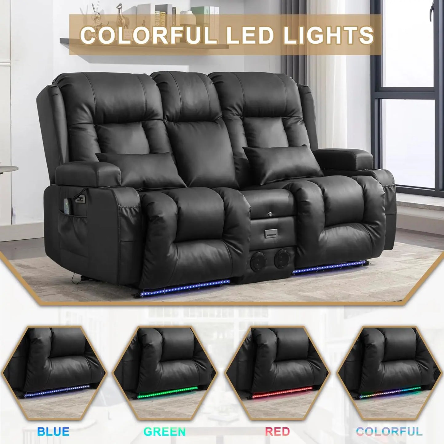 Double-Recliner Loveseat Sofa, PU-Leather Home Theater, LED Ambient-Light