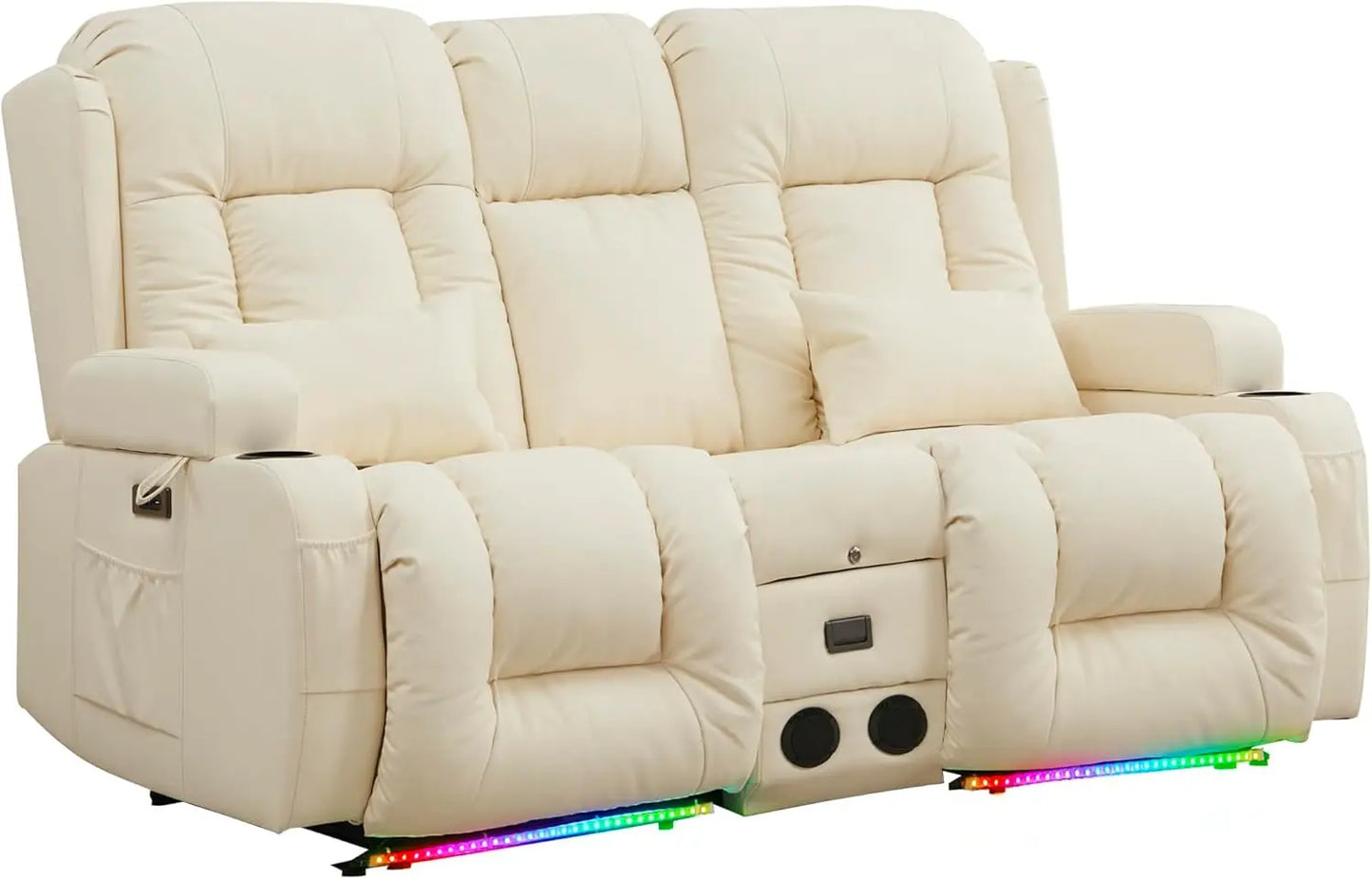 Double-Recliner Loveseat Sofa, PU-Leather Home Theater, LED Ambient-Light