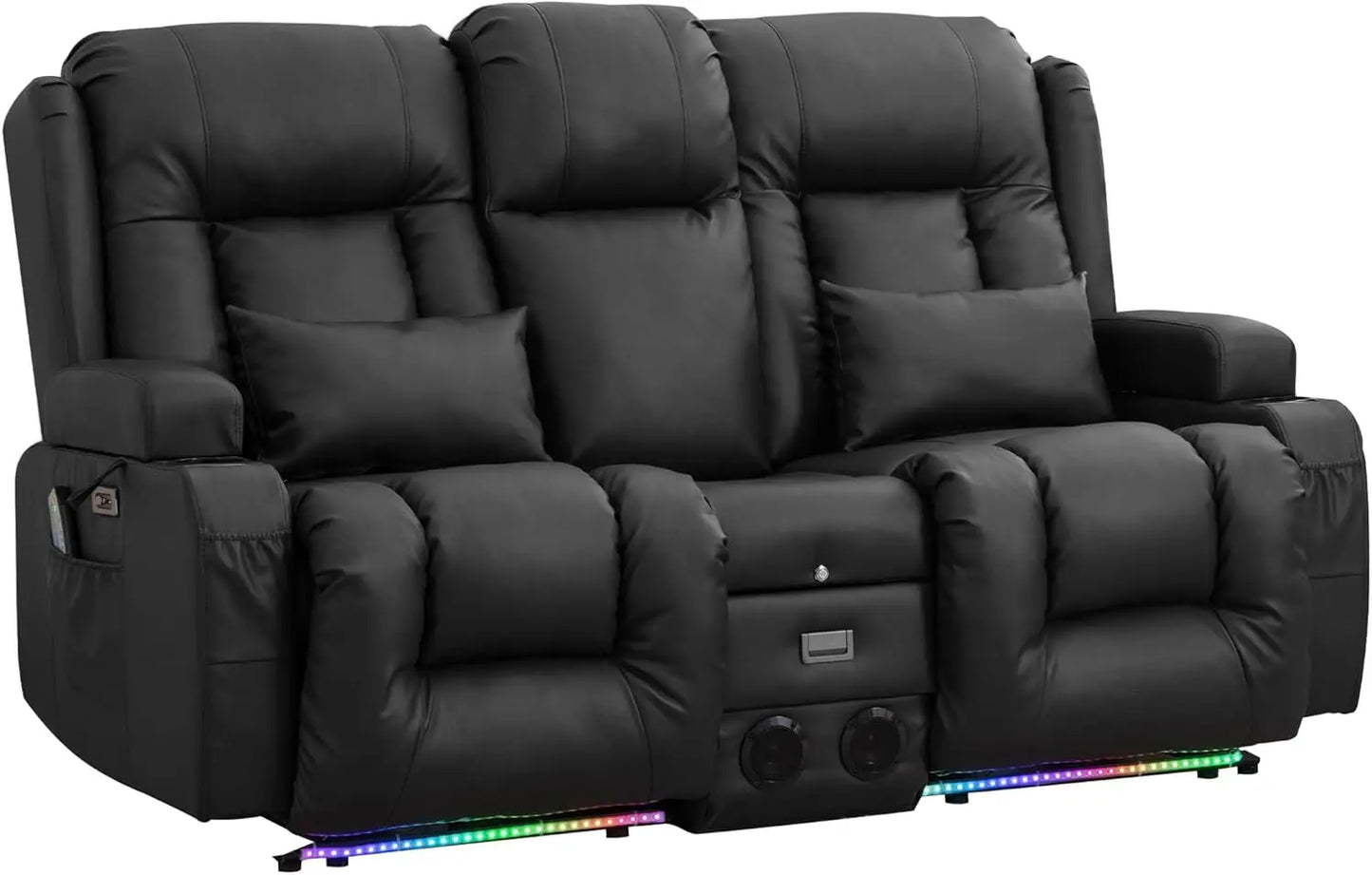 Double-Recliner Loveseat Sofa, PU-Leather Home Theater, LED Ambient-Light