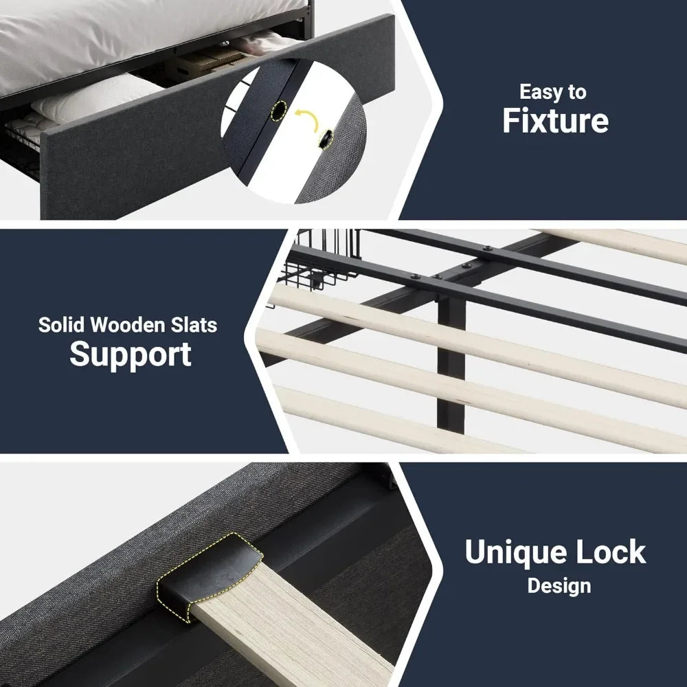 Full-Size Platform Bed Frame, 3 Storage Drawers, Fabric Upholstered