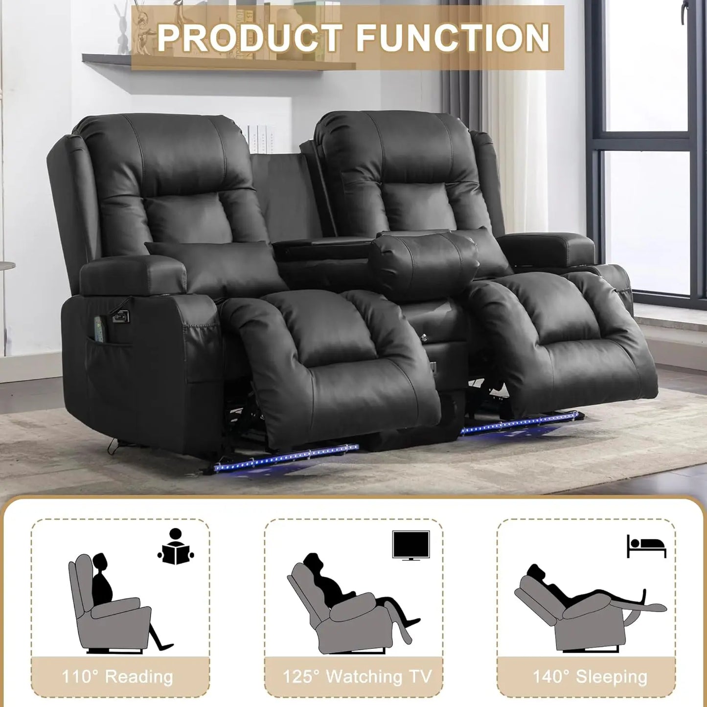 Double-Recliner Loveseat Sofa, PU-Leather Home Theater, LED Ambient-Light