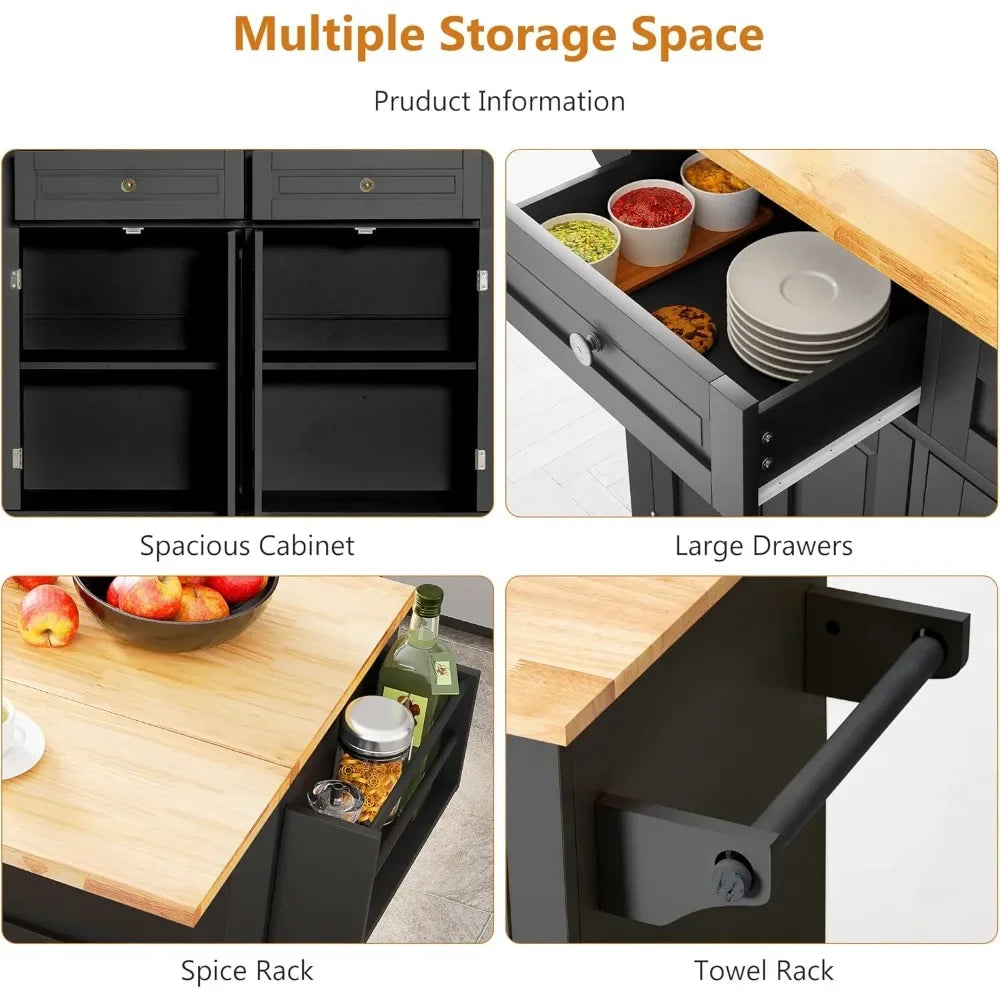Rolling Kitchen Island Table/Cart, Wood Top, Drop Leaf