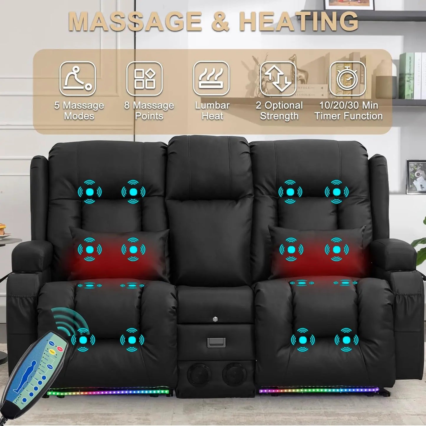 Double-Recliner Loveseat Sofa, PU-Leather Home Theater, LED Ambient-Light
