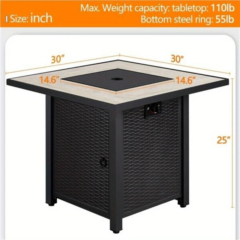 30" Square Outdoor Propane Gas Fire Pit Table