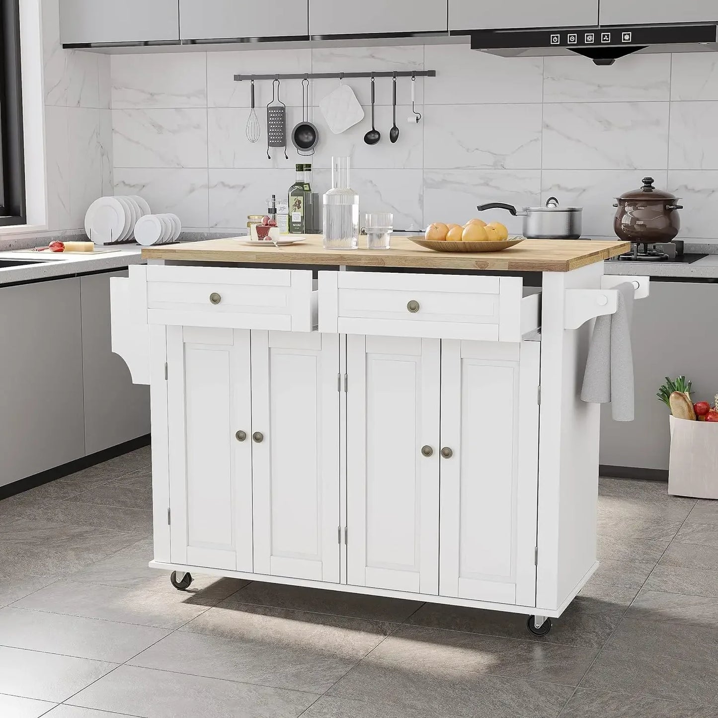 Rolling Kitchen Island Table/Cart, Wood Top, Drop Leaf