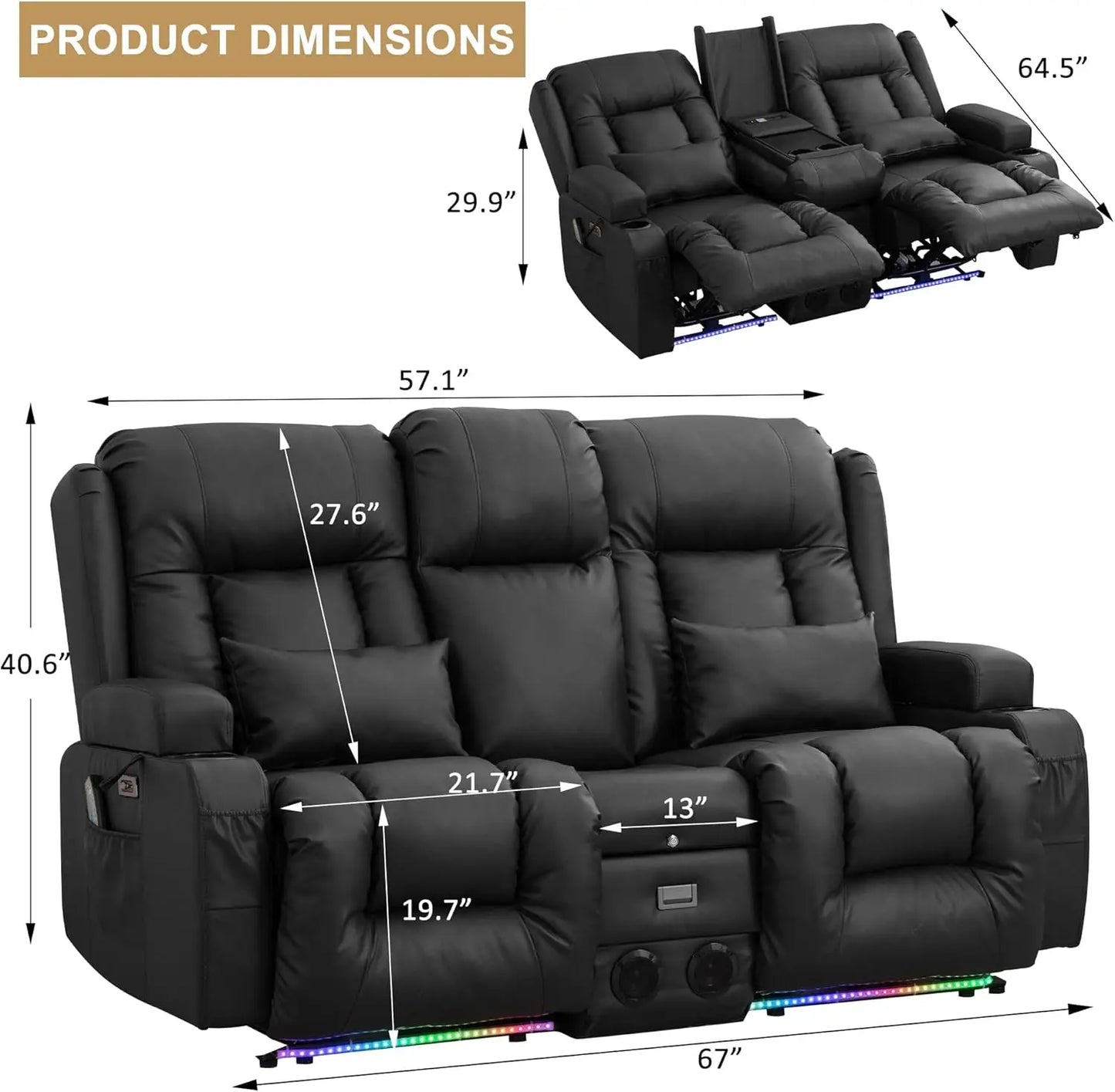 Double-Recliner Loveseat Sofa, PU-Leather Home Theater, LED Ambient-Light