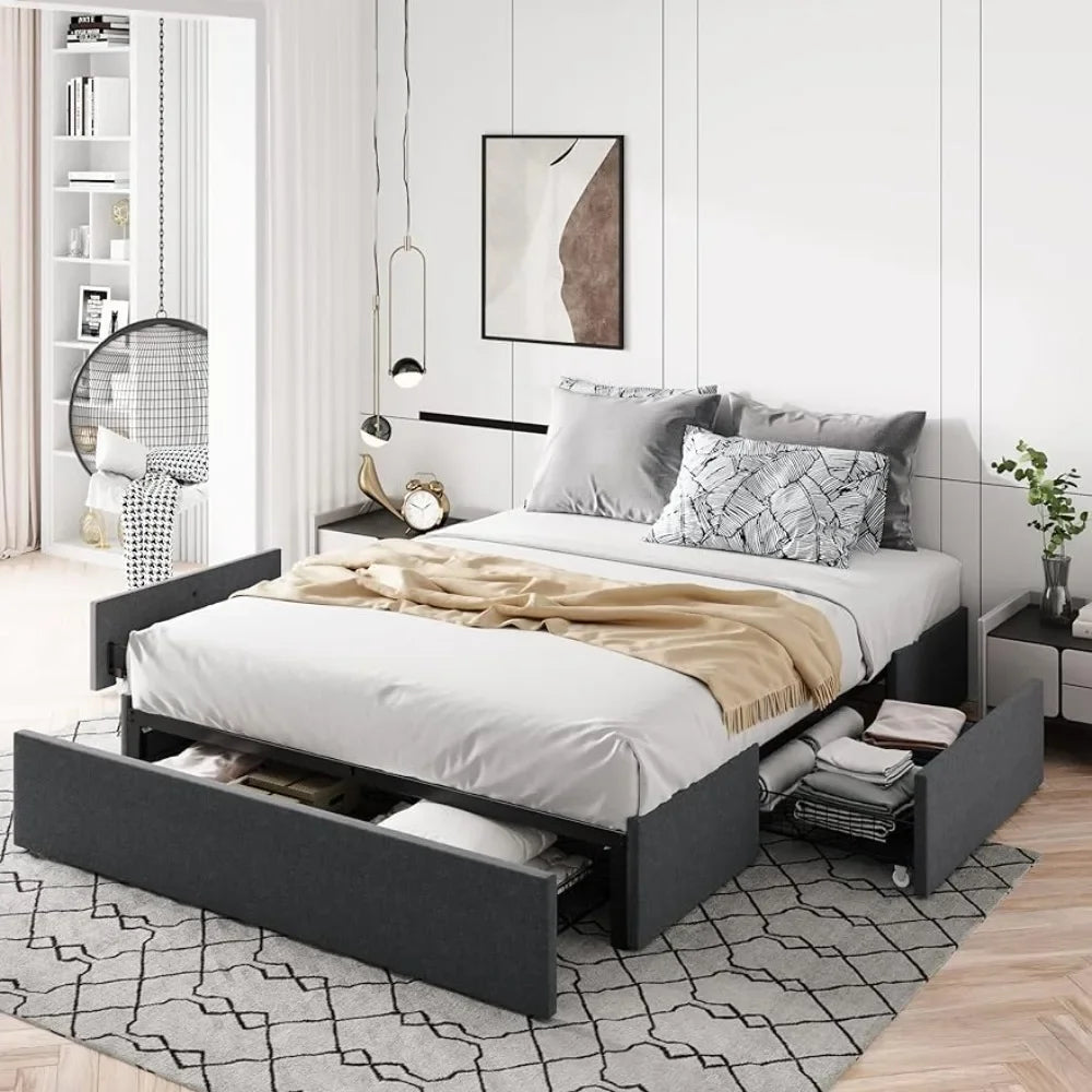 Full-Size Platform Bed Frame, 3 Storage Drawers, Fabric Upholstered