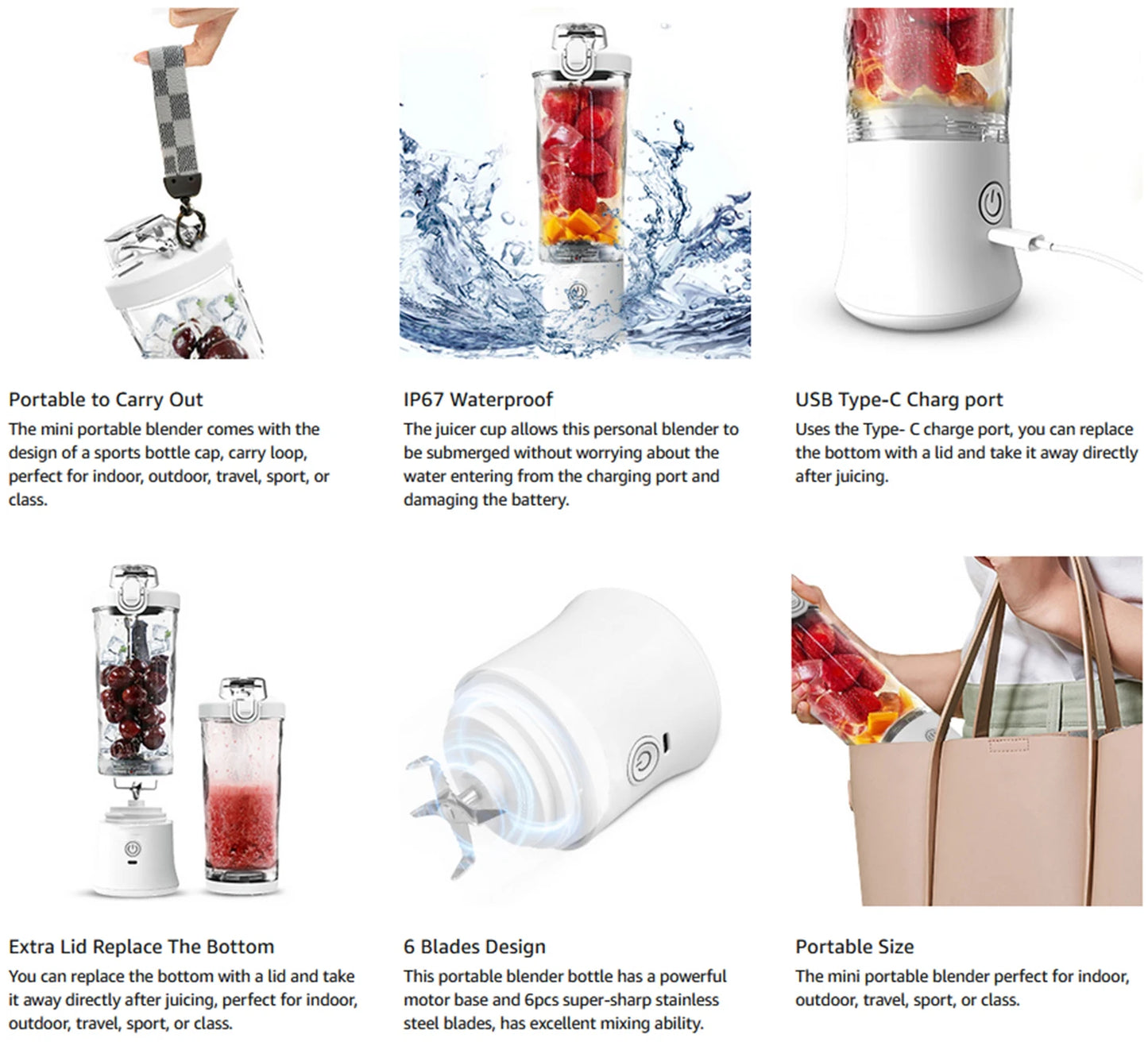 Portable Blender 600ML Electric Juicer Fruit Mixers USB Rechargeable