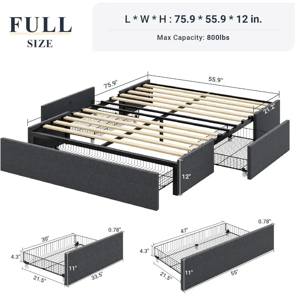 Full-Size Platform Bed Frame, 3 Storage Drawers, Fabric Upholstered