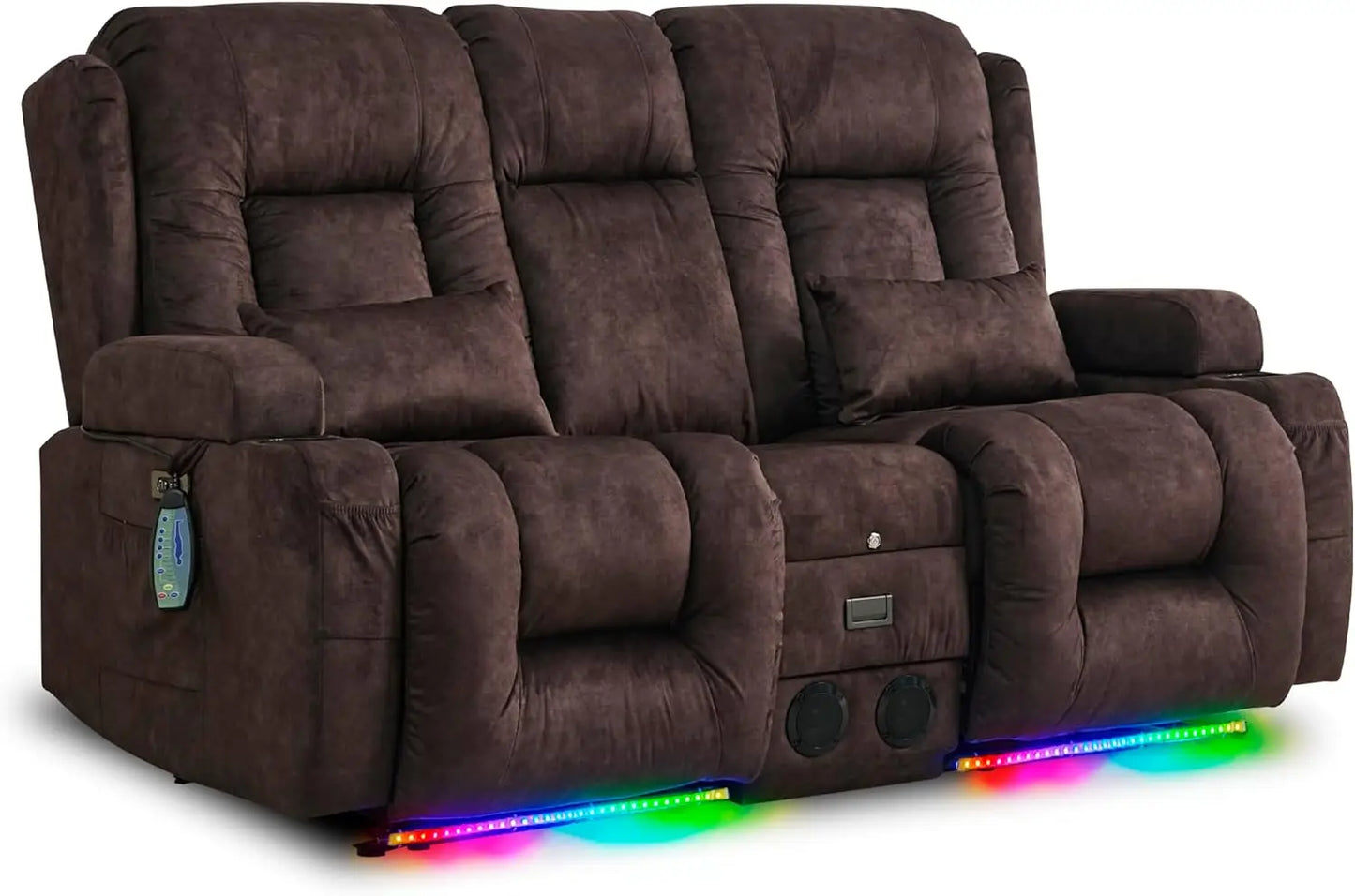 Double-Recliner Loveseat Sofa, PU-Leather Home Theater, LED Ambient-Light