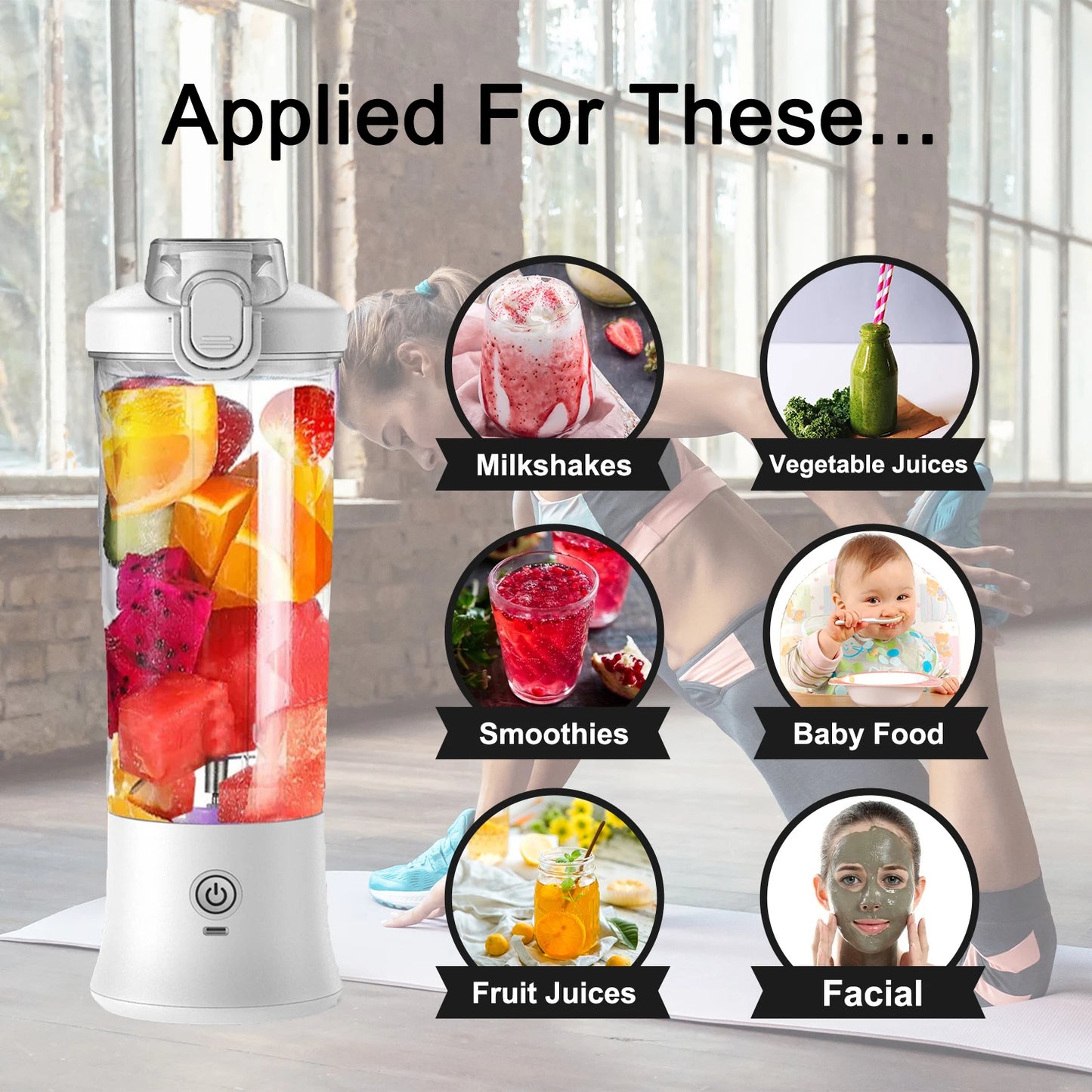 Portable Blender 600ML Electric Juicer Fruit Mixers USB Rechargeable