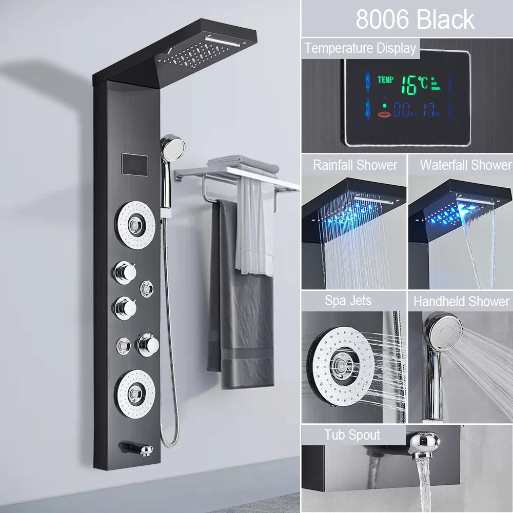 LED Rain Shower Waterfall Digital Display Faucet Set