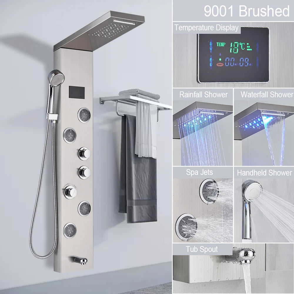 LED Panel Waterfall Rain Digital Display Shower Faucet Set