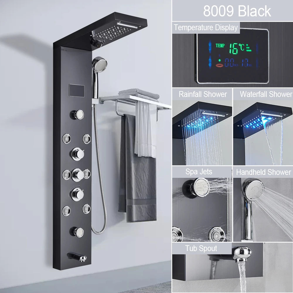 LED Rain Shower Waterfall Digital Display Faucet Set