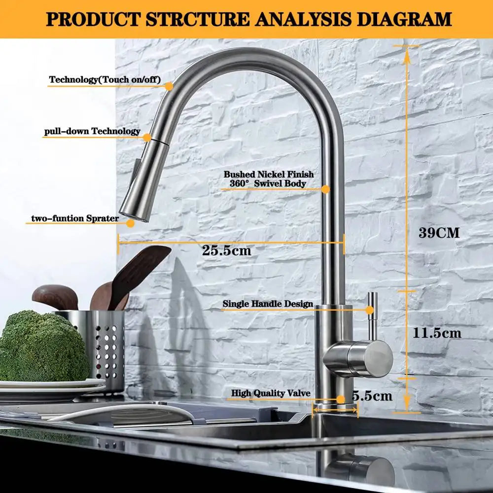 Tap-Touch Control Kitchen Faucet Pull-Out Sensor Stainless Steel