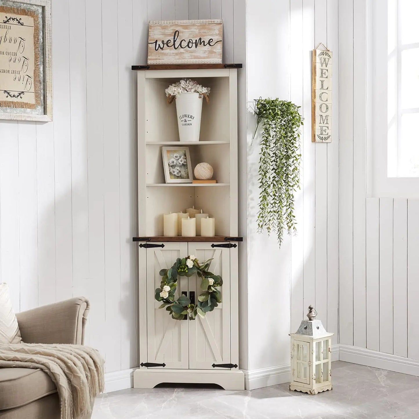 Tall Farmhouse Storage Corner Cabinet with Adjustable Shelves