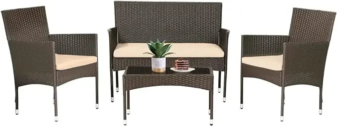 4Pcs Patio Outdoor Furniture Rattan Chairs, Sofa, Coffee Table