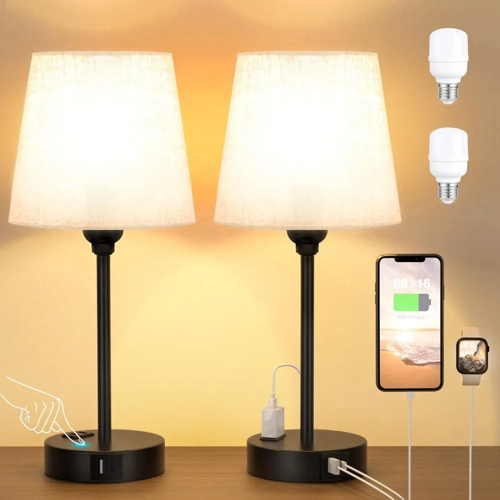 Pair of Dimmable-Touch Nightstand Bedroom Lamps, USB-C, AC outlets