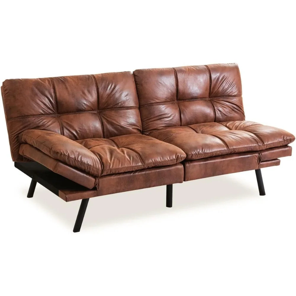 Leather Futon Couch Foldable Bed Loveseat Natural Brown