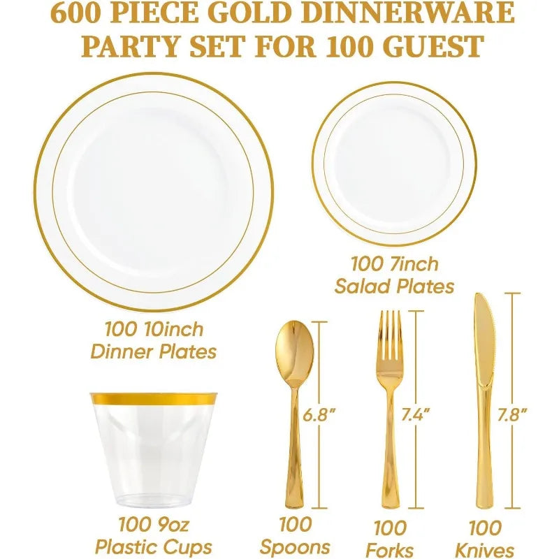 600pcs Dinnerware 100-Guests, Disposable Plates, Cups, tableware