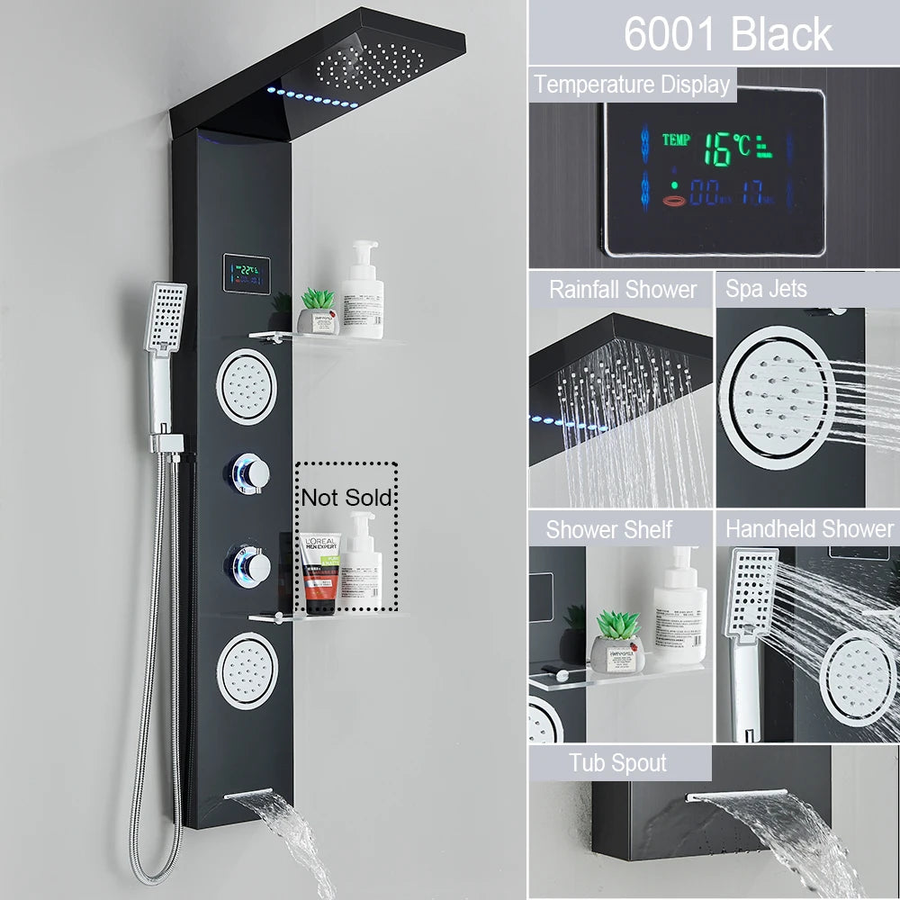 LED Rain Shower Waterfall Digital Display Faucet Set