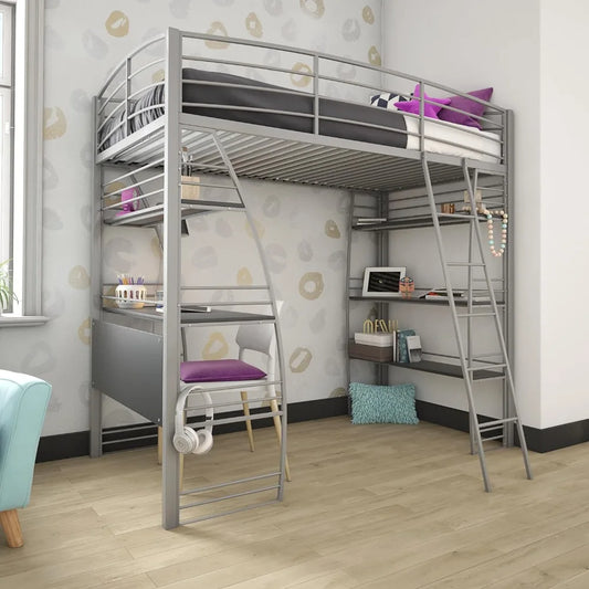 Studio-Loft Bunk-Bed Over Desk, Bookcase, Metal Frame