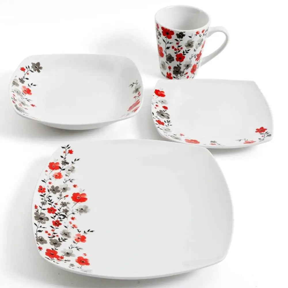 16pc Round-Square Floral Ceramic Dinnerware Set for 4