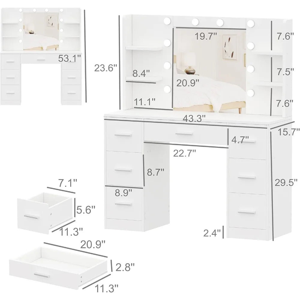 Makeup Vanity, 10-LED-Lights, 7-Sliding Drawers, Brightness Adjustable