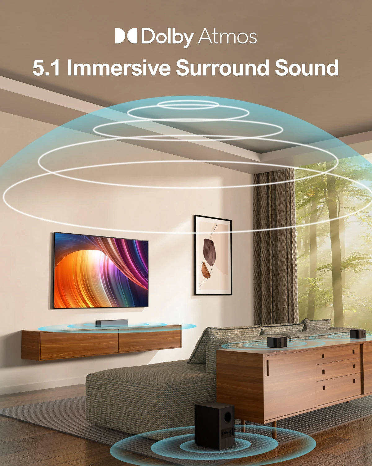 5.1-Soundbar, Dolby-Atmos, 3D-Surround, Wireless Subwoofer, Home Theater