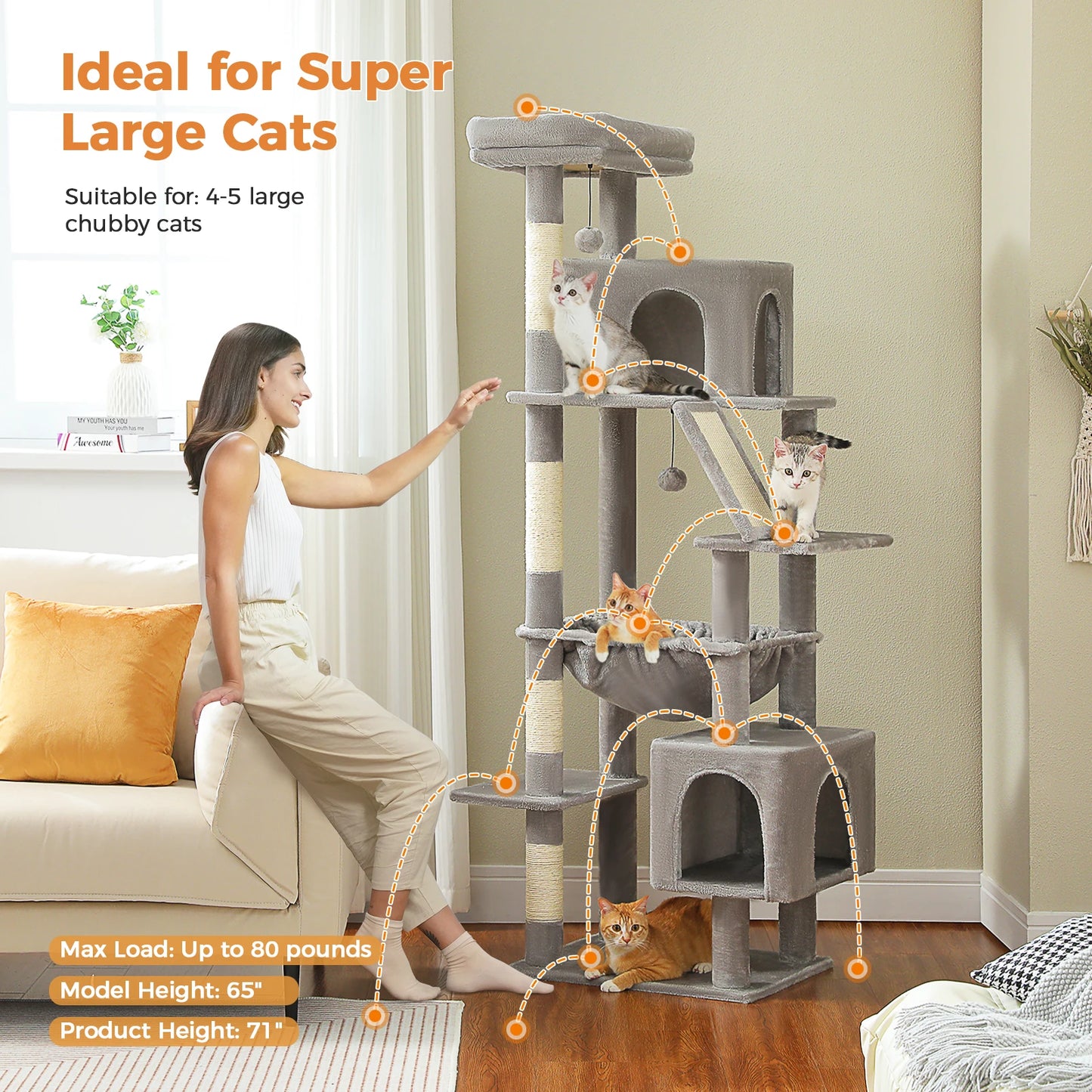 Large Cat-Tower, Hammock, Sisal Scratching Post, Climbing Frame