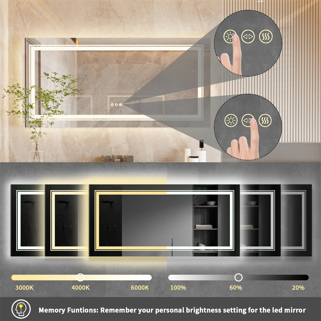 Illuminated Large Bathroom Double Sink Mirror with 3-Color Lights