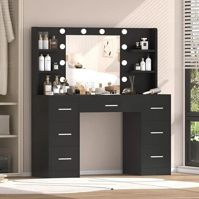 Makeup Vanity, 10-LED-Lights, 7-Sliding Drawers, Brightness Adjustable