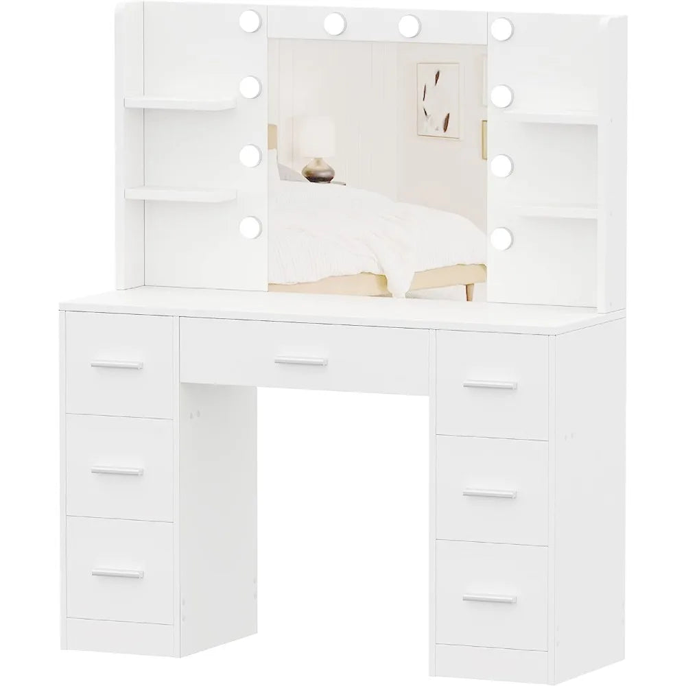 Makeup Vanity, 10-LED-Lights, 7-Sliding Drawers, Brightness Adjustable