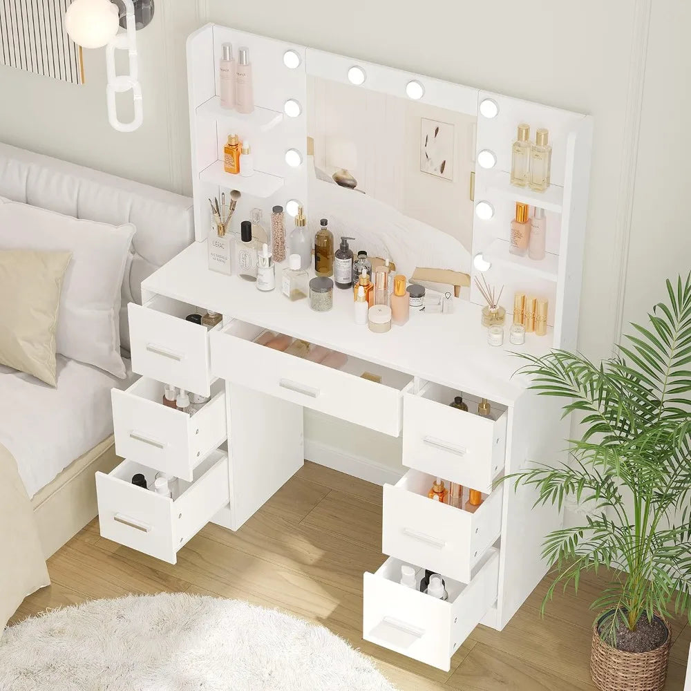 Makeup Vanity, 10-LED-Lights, 7-Sliding Drawers, Brightness Adjustable