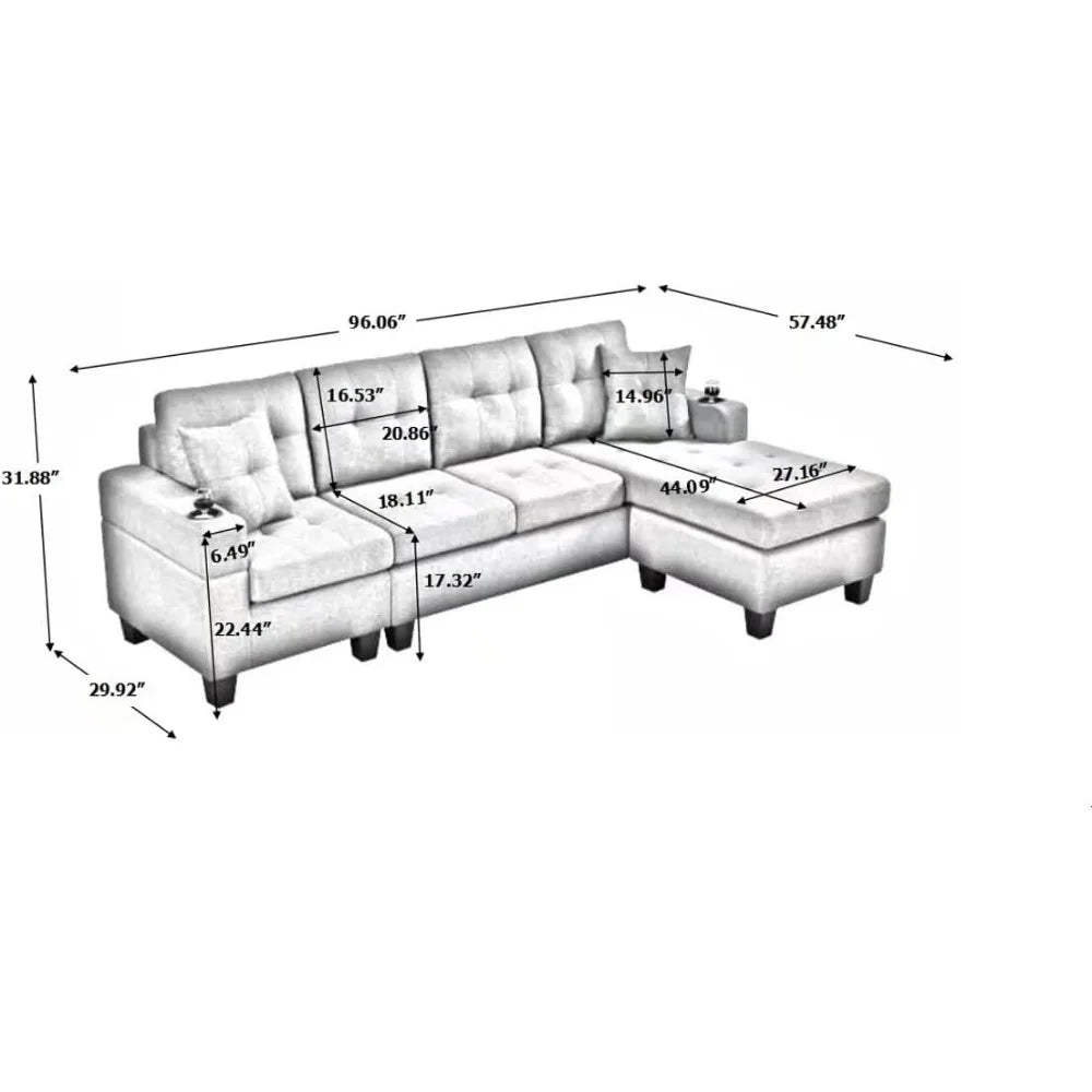 L-shaped modular sofa, ottoman, convertible corner, grey