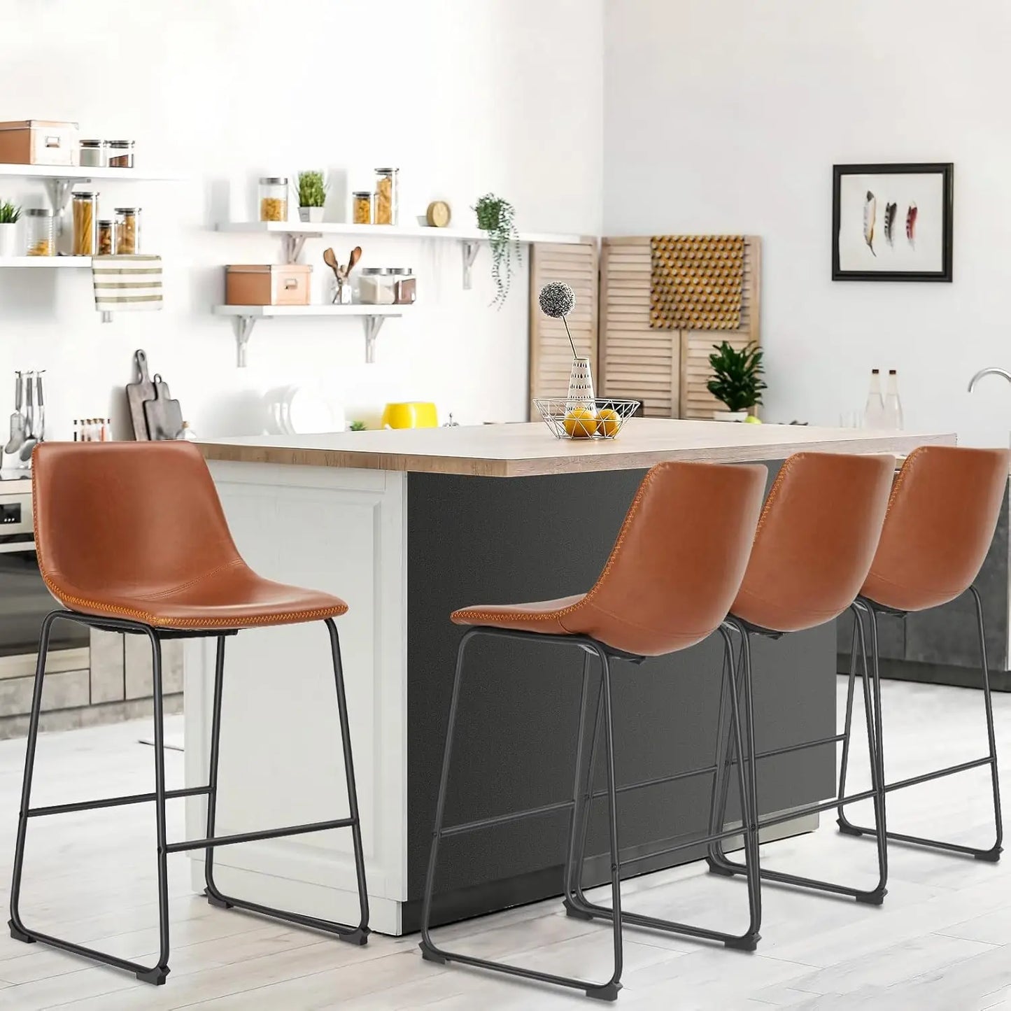 Counter Height Bar Stools Set of 4, Modern Faux Leather