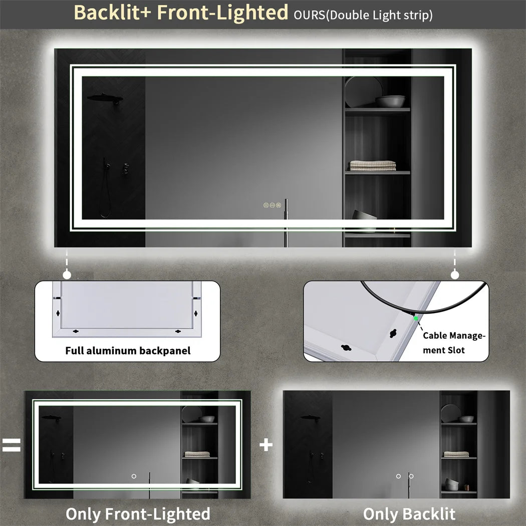 Illuminated Large Bathroom Double Sink Mirror with 3-Color Lights