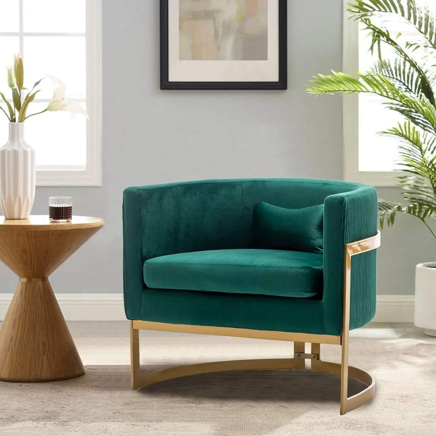 Velvet Upholstered Barrel Accent Chair, Wide Arm, Green