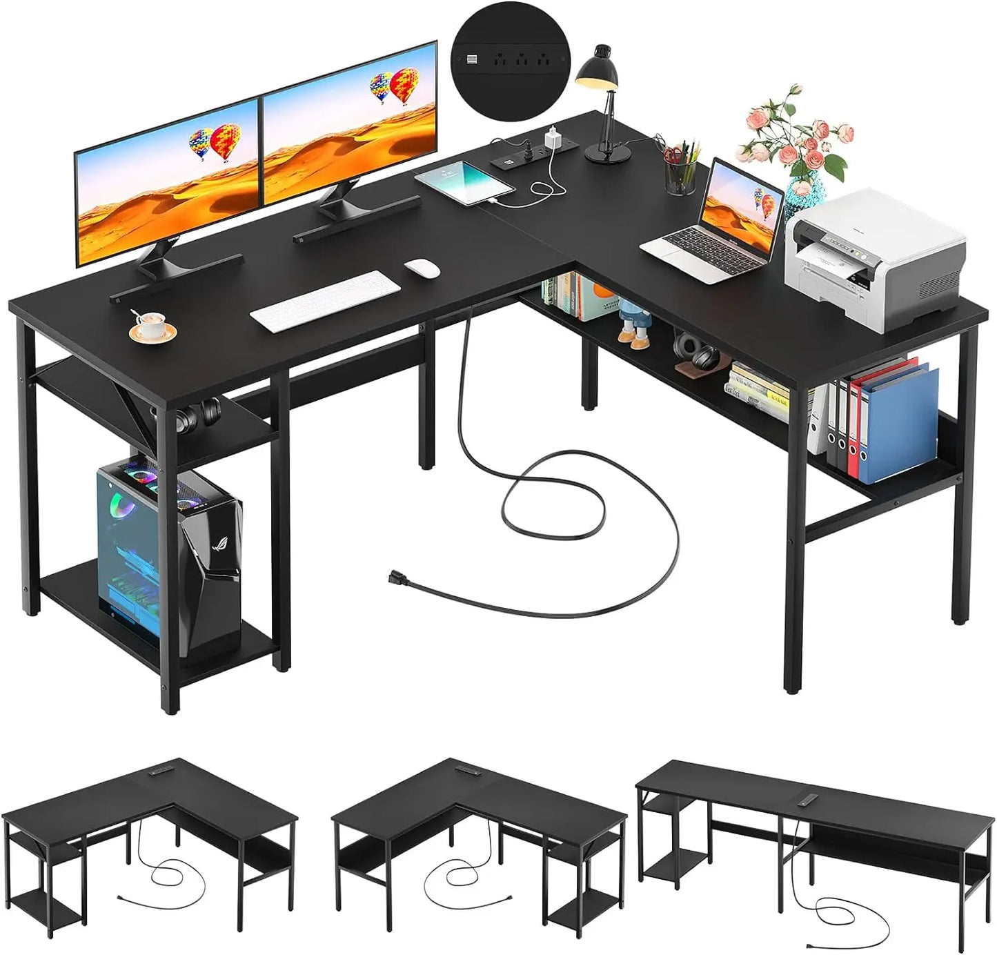 L-Shaped Computer Work Desk Home Office Power/USB