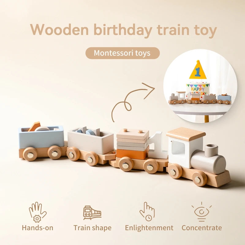 Wooden Birthday Train, Baby Educational Toy Trolley