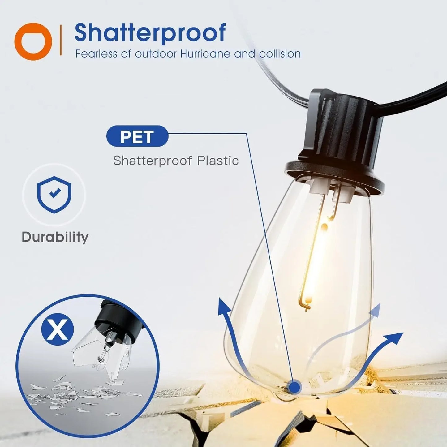 LED Outdoor Waterproof String Patio Lights, Shatterproof, Replaceable, Dimmable