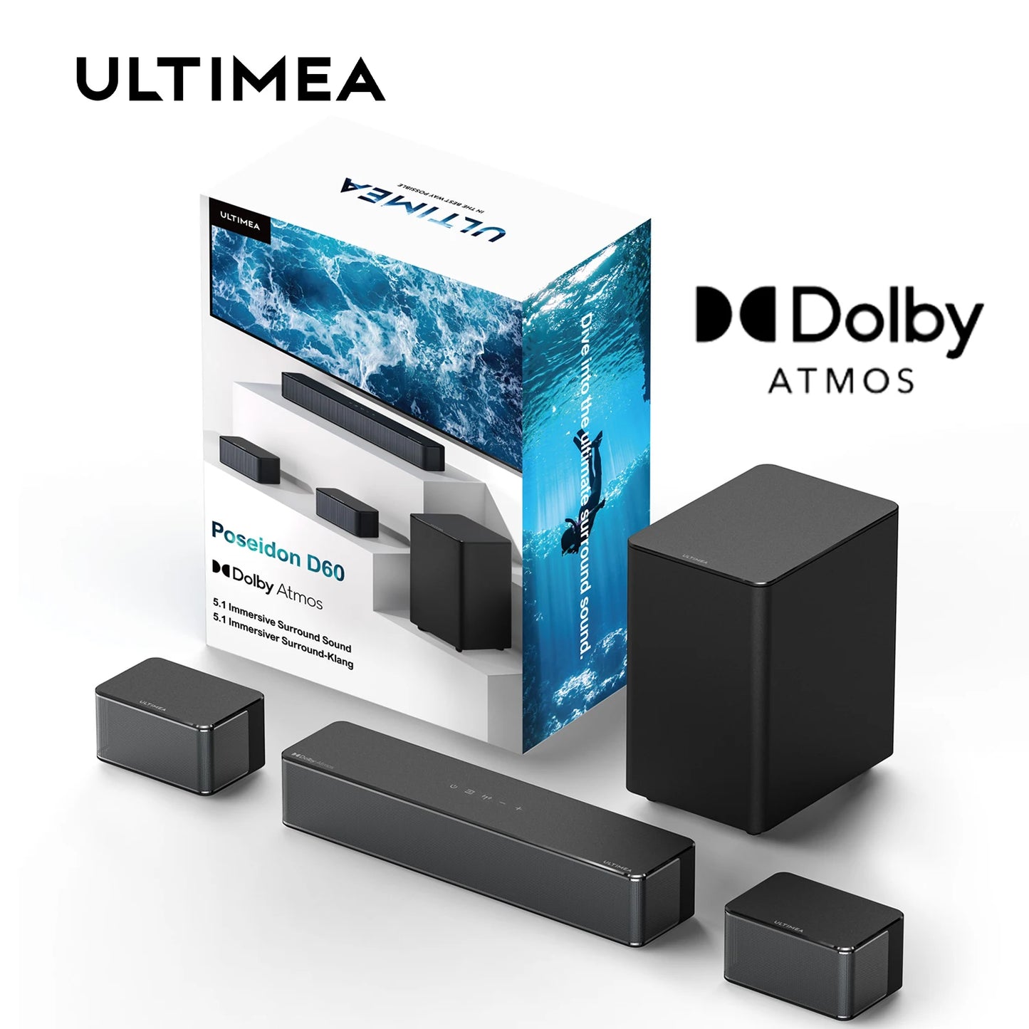 5.1-Soundbar, Dolby-Atmos, 3D-Surround, Wireless Subwoofer, Home Theater