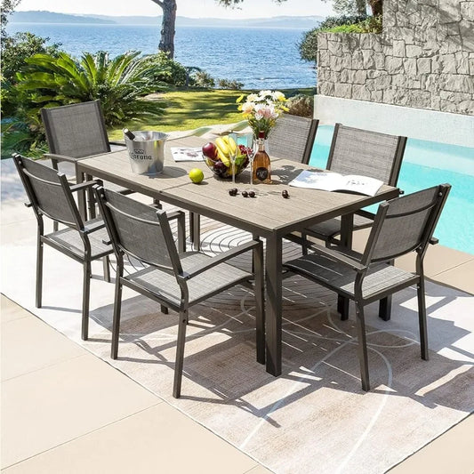 7-piece weatherproof Dining Outdoor Furniture Table, 6-stackable chairs