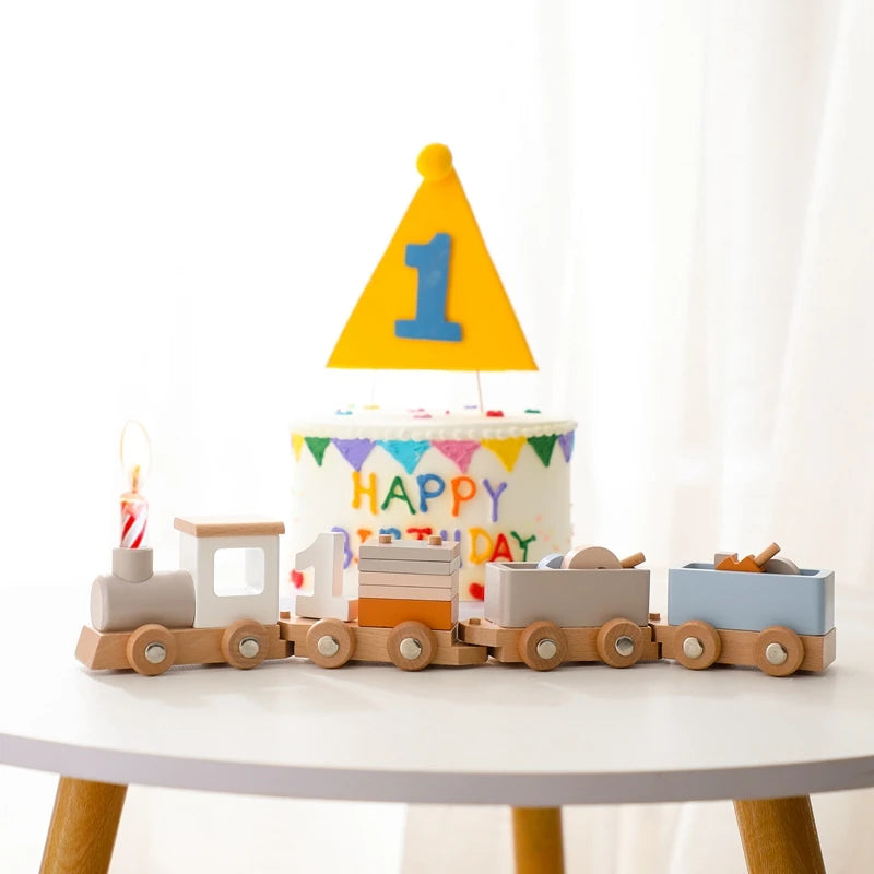 Wooden Birthday Train, Baby Educational Toy Trolley