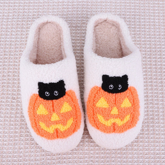 Halloween Pumpkin Cat Thermal Slippers, Anti-Slip, Fuzzy Slippers