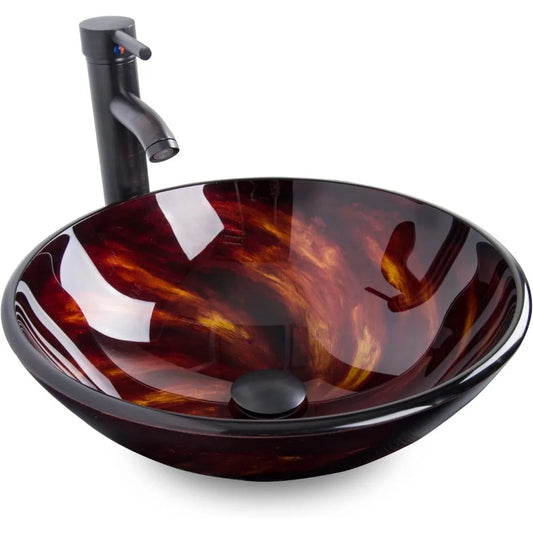 Tempered Glass Vanity Round Bowl, Oil Rubber Bronze Faucet