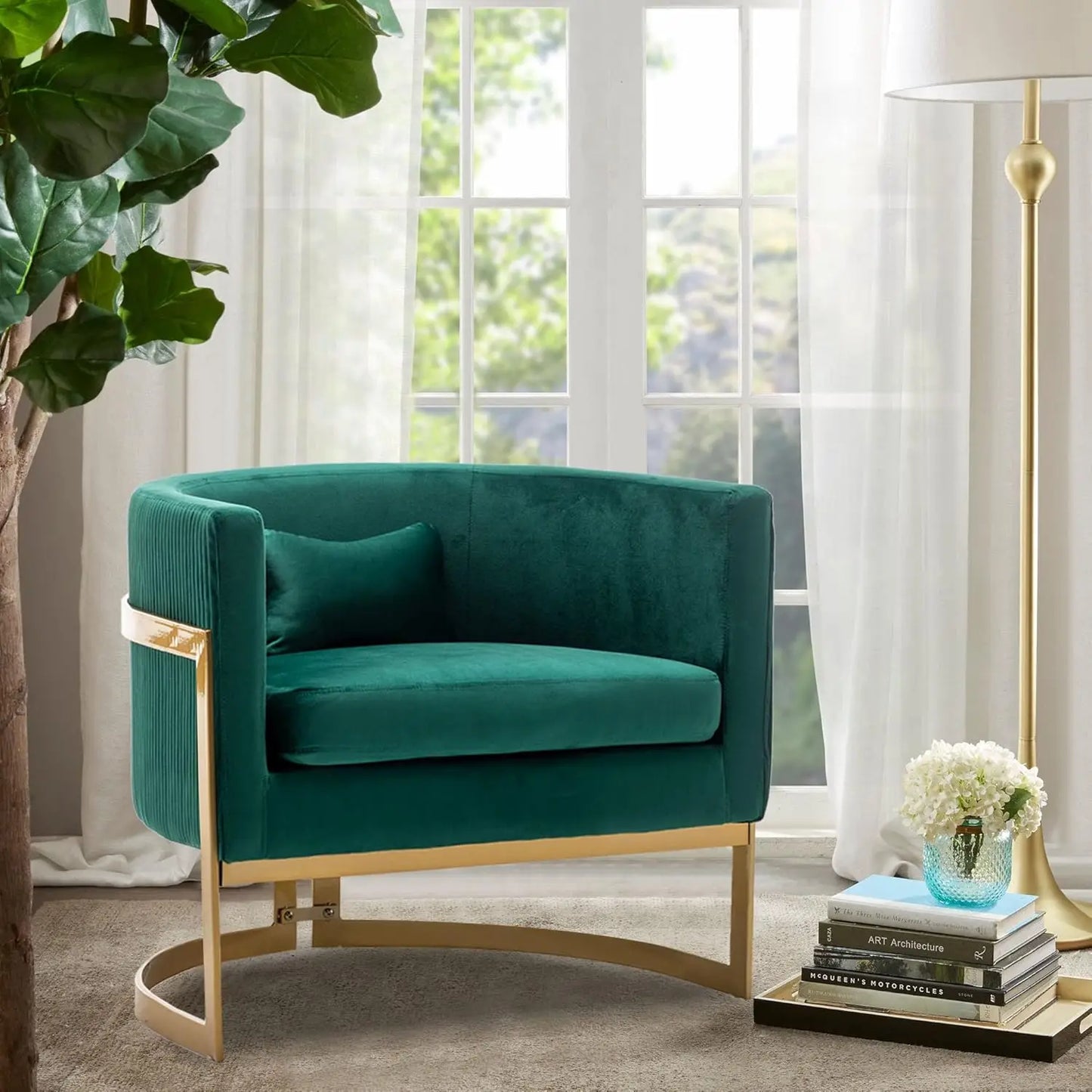 Velvet Upholstered Barrel Accent Chair, Wide Arm, Green