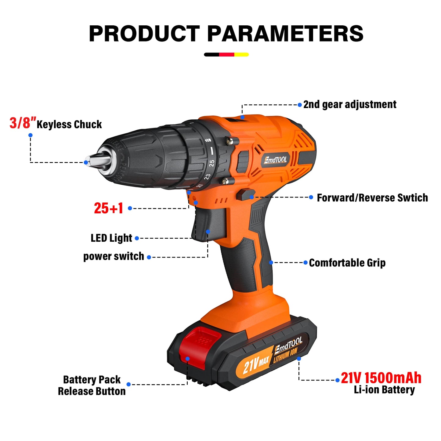 Cordless Drill Driver 21V Battery Electric Screwdriver Set