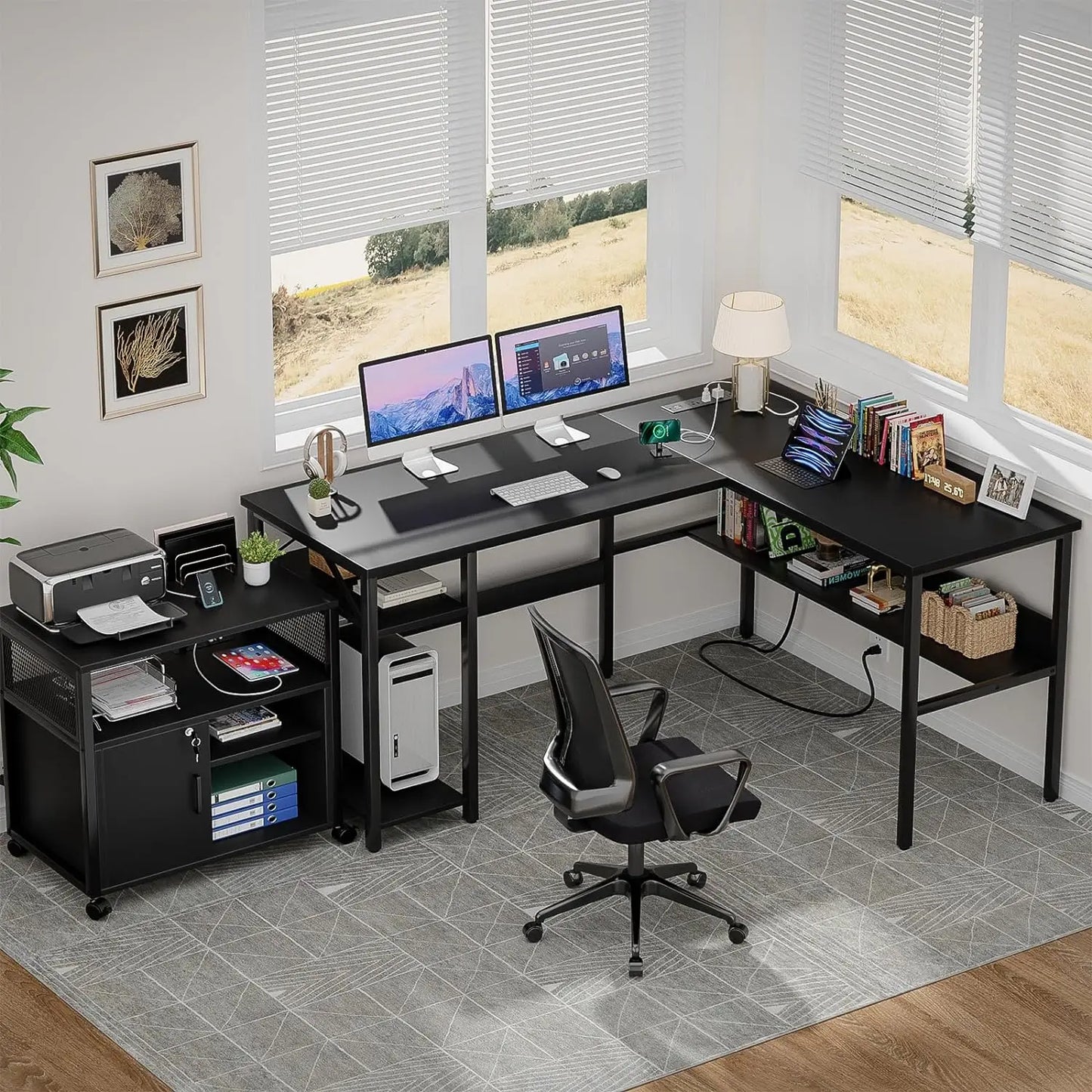 L-Shaped Computer Work Desk Home Office Power/USB